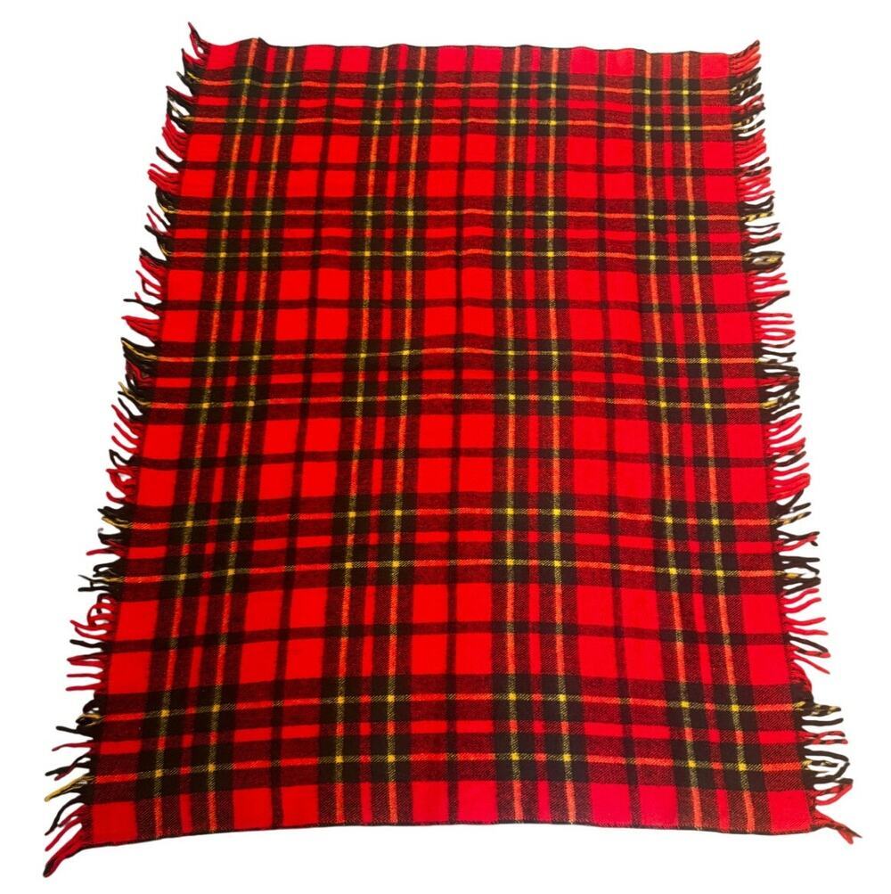 Vintage Faribault Red Plaid Throw Blanket Fringe Cabincore Lodge 51x62 USA